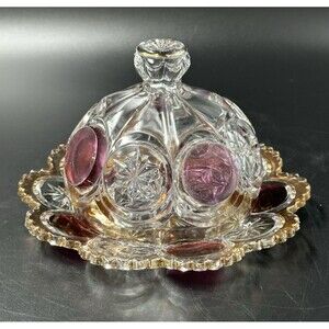 US Glass Cromwell Knobby Bulls Eye Moon Stars Ruby Gold Trim Domed Butter Dish